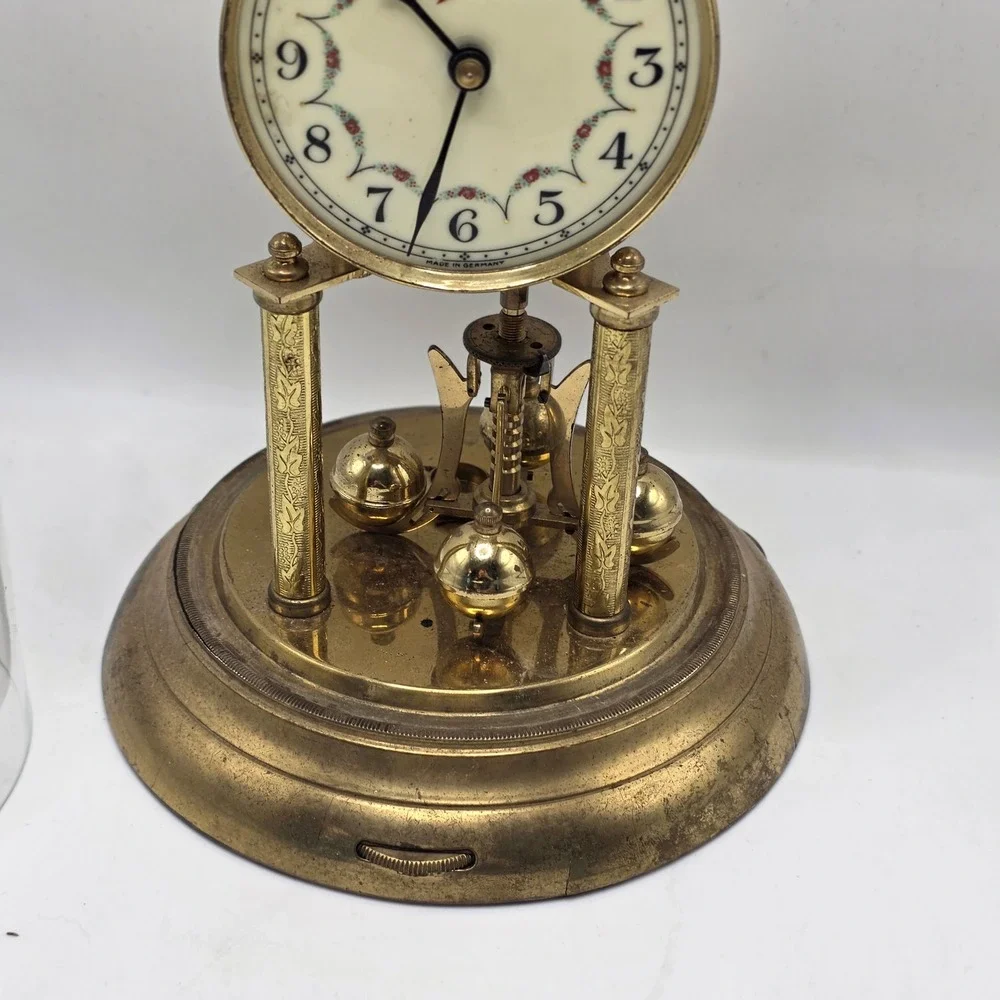 Schatz Anniversary Clock Brass German Mechanical Floral Dial Dome For Parts Only